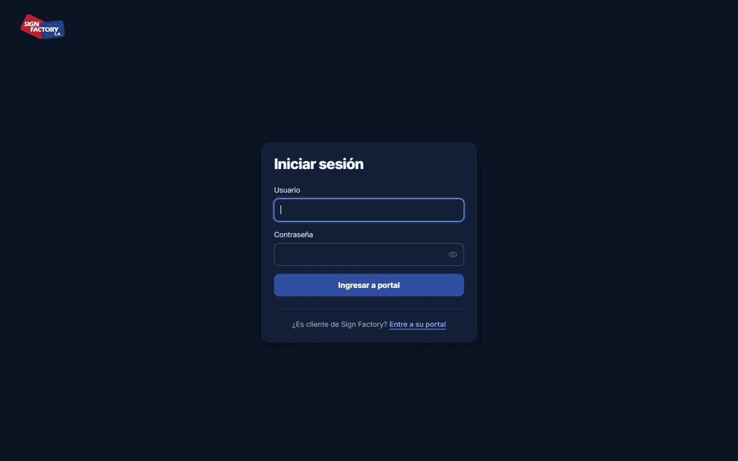 Pantalla de ingreso del sistema de Sign Factory