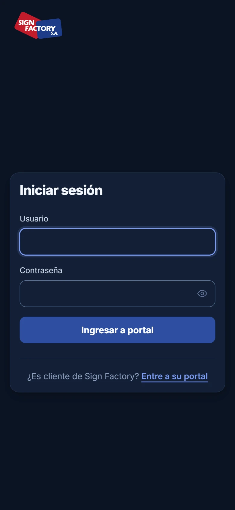 Pantalla de ingreso de la app de Sign Factory