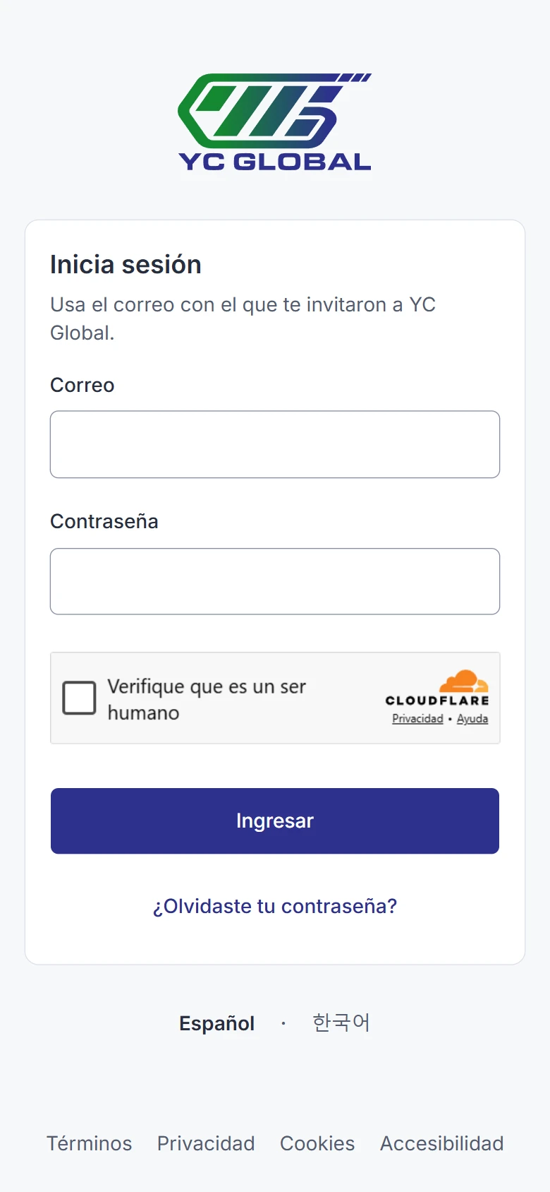 Pantalla de ingreso de la app de YC Global